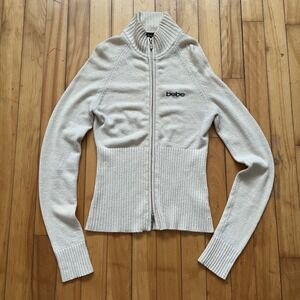 Bebe Zip Up Sweater Jacket Cream Ribbed Knit Mock Neck Size S y2k